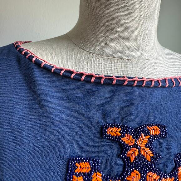 Tory Burch Embroidered Cotton Top Blue Orange Embellishment Sz S - Picture 5 of 9